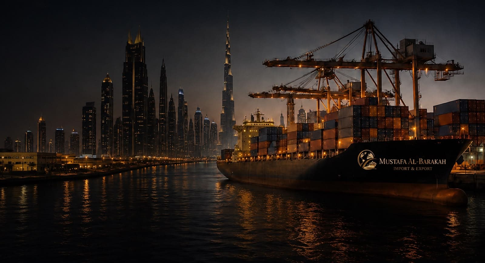 Mustafa Al-Barakah cargo ship at a Dubai port with the city skyline behind it